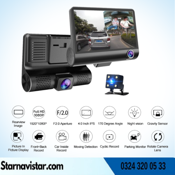 3 Kameralı Araç Içi Kamera 1080P 4 Inç Ekran Kayıt Kamerası (Ön, Arka Ve Araç Içi)
