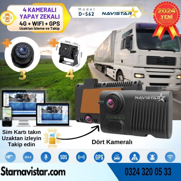 4 Kameralı 4G Uzaktan izlemeli GPS Wifi Yapay Zekalı Akıllı Dashcam Kamyon Tır Kamera Sistemi