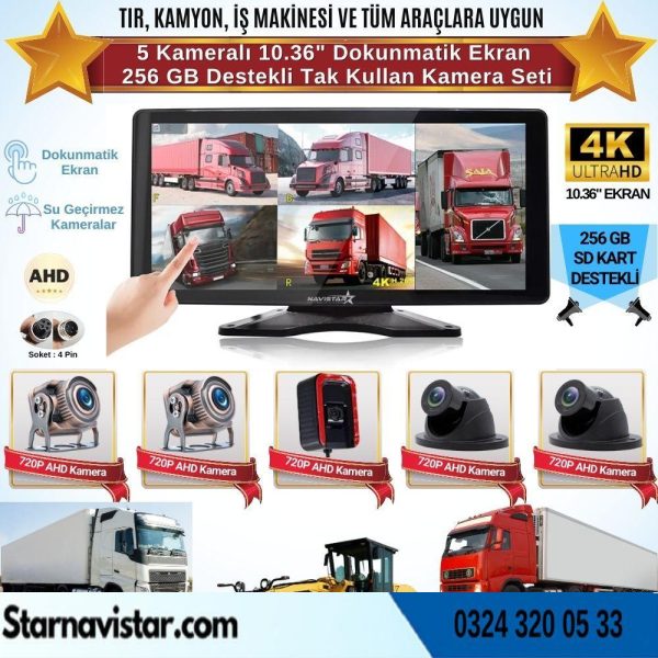 5 Kameralı 10.36" Dokunmatik Kayıtlı Ekranlı 256 Gb Sd Kart Destekli Araç Kamera Seti