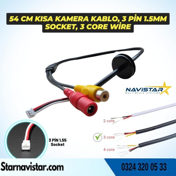 54 Cm Kısa RCA Kamera Kablosu 3 Pin 1.55 mm Socket,3 Core Wire