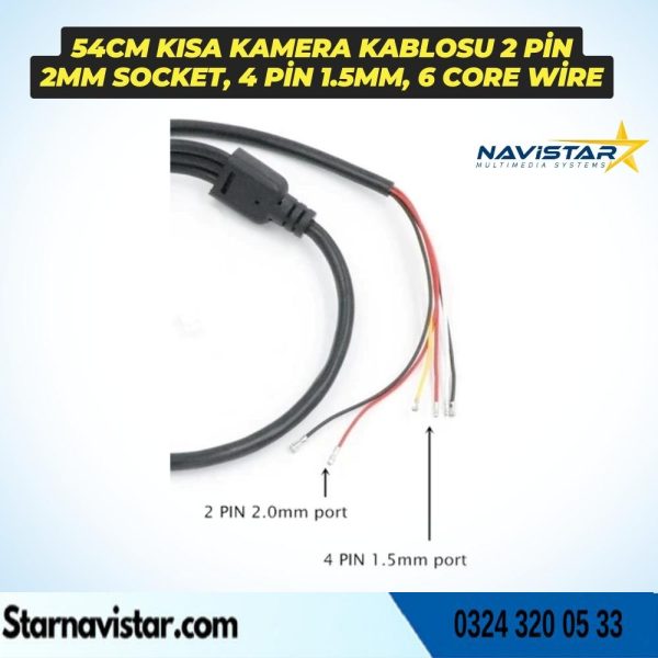 54 cm RCA Kısa Kamera Kablosu 2 pin 2mm socket, 4 pin 1.5mm, 6 core wire