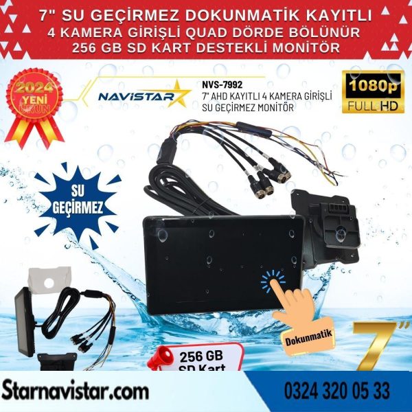 7" Su Geçirmez Dokunmatik Kayıtlı 4 Kamera Girişli 256 GB SD Destekli Monitör