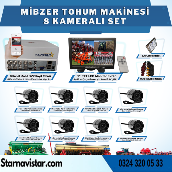 8 Kameralı Mibzer Havalı Tohum Makinesi 9 Inç Monitörlü 320 Gb Hdd Kayıtlı Araç Set
