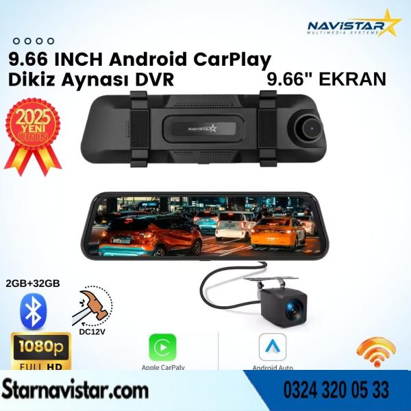 Kayıtlı 9.66 inç Kablosuz Carplay 4K+1080P Full HD 2 Kameralı Dikiz Aynası Wifi, Bluetooth,Fm Trans,Sd
