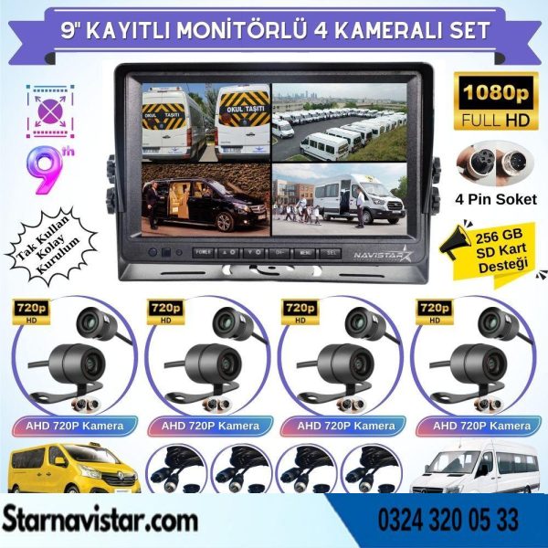 9 Inç Dörde Bölünür Kayıtlı 256Gb Sd Destekli 4 Kameralı 720P Ahd 4 Pin Soketli Tak Kullan Kamera Seti
