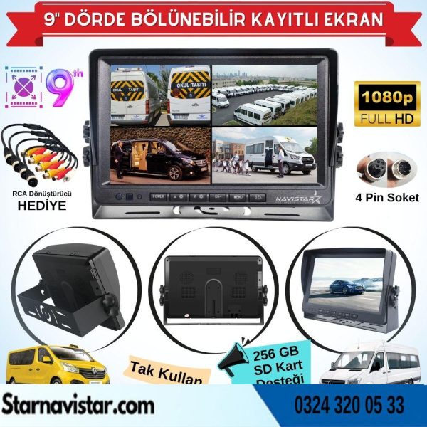 9 inç Kayıtlı Dörde Bölünür Monitör 256Gb Sd Destekli 4 Kamera Takılabilir 4 Pin Soketli