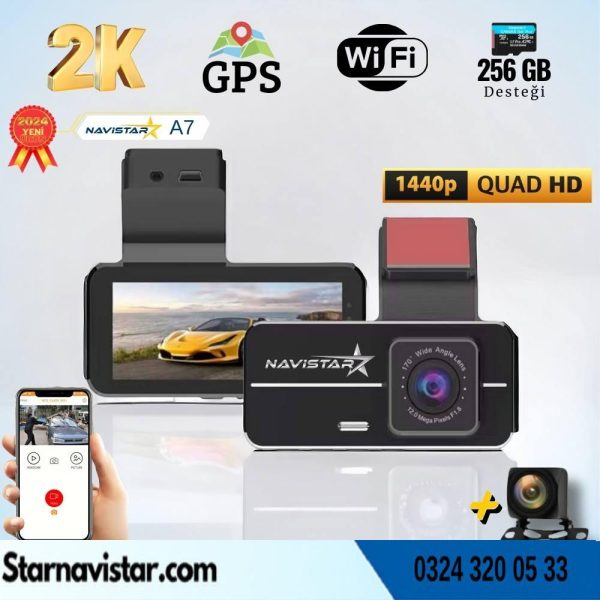 A7 Wifi + GPS 2K Çift Kameralı 170° Geniş Açı Lens Gece Görüşlü Akıllı Araç içi Kamera + 1080P Arka Kamera