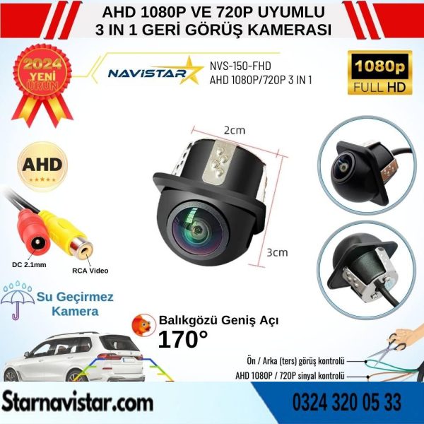 AHD 1080P ve 720P Çevrilebilir 170 Derece Balıkgözü Geniş Açılı  Geri Görüş Kamerası