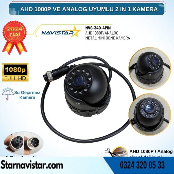 AHD 1080P ve Analog CVBS Pal Dönüştürülebilir Gece Görüşlü 4 Pin Mini Metal Dome Araç Kamerası