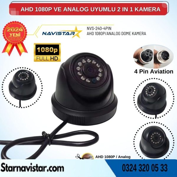 AHD 1080P ve Analog Pal Çevrilebilir 4 Pin Plastik Dome Araç Kamerası