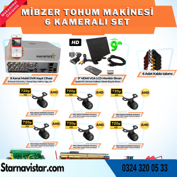 Ahd 720P 6 Kameralı Mibzer Havalı Tohum Makinesi 9 Inç Hdmi Monitörlü Kamera Seti