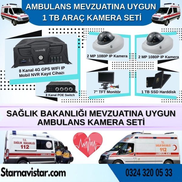 Ambulans Mevzuatına Uygun 2 Kameralı 8 Kanal Mobil NVR 1 TB 7 inç Monitörlü Tak Kullan Set