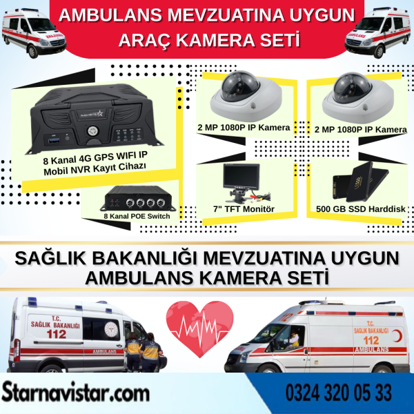 Ambulans Mevzuatına Uygun 2 Kameralı 8 Kanal Mobil NVR 500 GB 7 inç Monitörlü Tak Kullan Set