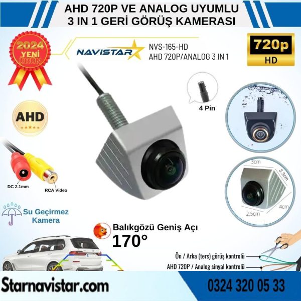 Ayarlanabilir Başlıklı AHD 720P ve Analog Çevrilebilir 170 Derece Geniş Açılı Geri Görüş Kamerası