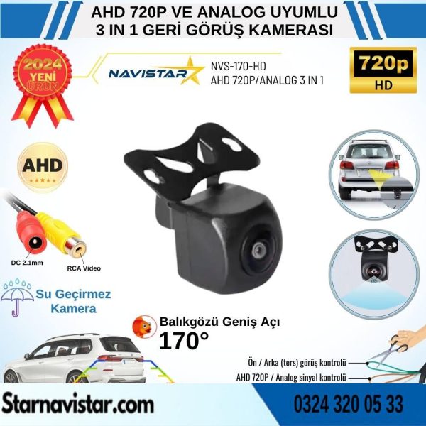 Balıkgözü AHD 720P ve Analog Çevirilebilir 170 Derece Geniş Açılı Geri Görüş Kamerası