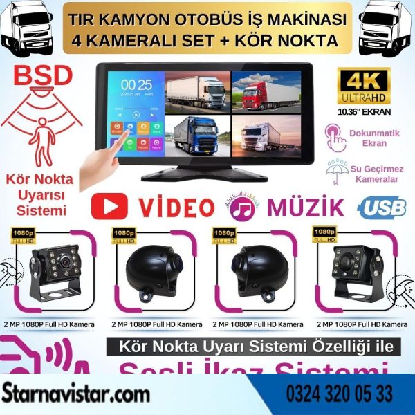 Tır ve Kamyon 10.36" Dokunmatik 4 kameralı 256 GB Destekli Kör Nokta Uyarı Sistemli Kamera Seti