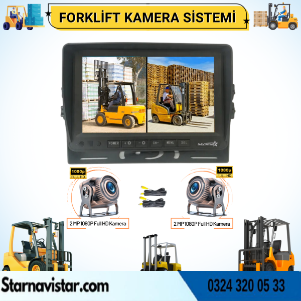 Forklift Kamera Sistemi Reach Truck 2 Kameralı 7 Inç Monitörlü Kayıtlı Kamera Seti