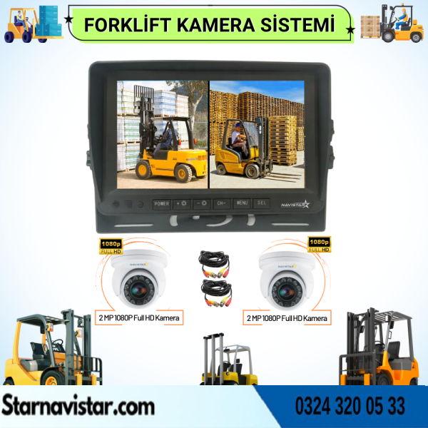 Forklift Kamera Sistemi Reach Truck 2 Kameralı 7 Inç Monitörlü Kayıtlı Kamera Seti