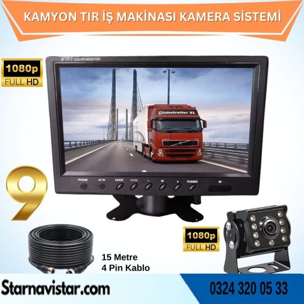 Kamyon Tır ve İş Makinaları için 9 inç AHD Monitörlü 1080P Full HD Kameralı Tak Kullan Set
