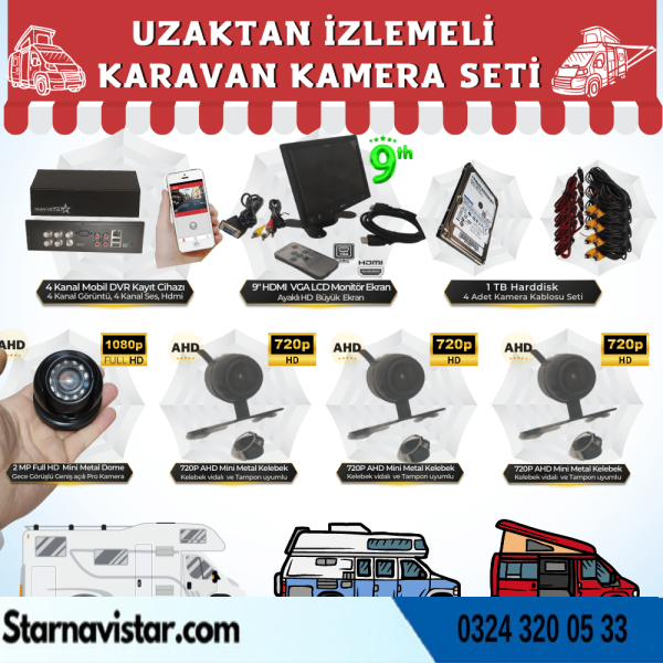 Karavan 1 Tb Harddiskli 9 Inç Hdmi Monitörlü 4 Kameralı Uzaktan İzlemeli Kayıtlı Kamera Seti