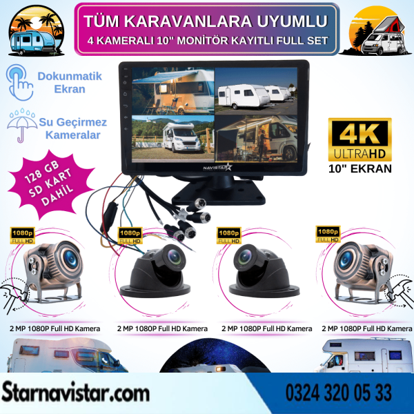 Karavan Kamera Seti 128 Gb Sd Dahil 4 Kameralı 10 Inç Dokunmatik Ekranlı Tak Kullan