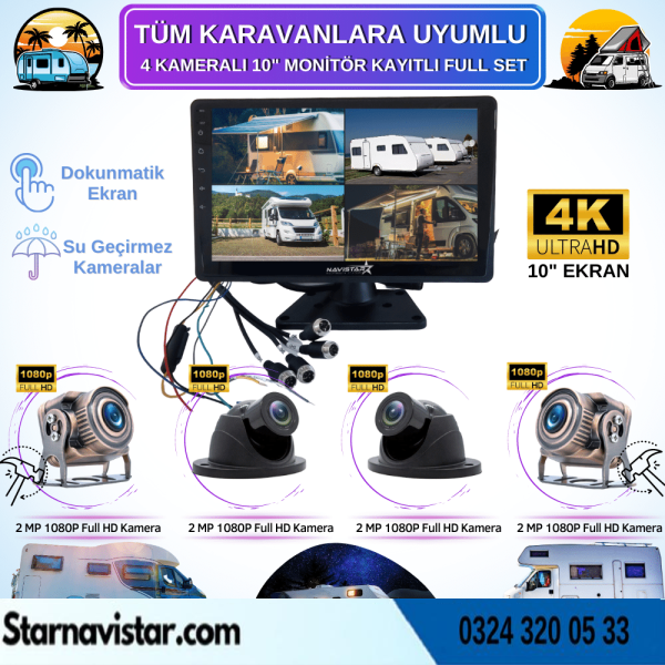 Karavan Kamera Seti 4 Kameralı 10 Inç Dokunmatik Ekranlı 256 Gb Sd Destekli Tak Kullan