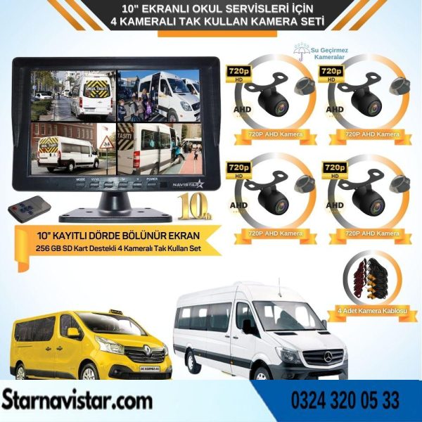 Kayıtlı 10" Dörde Bölünebilir 4 Kameralı Ahd 720P Okul Servisler Için Kamera Seti