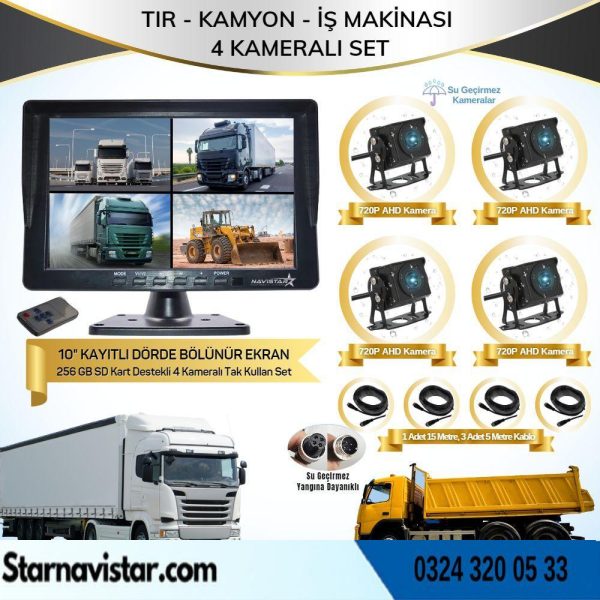 Kayıtlı 10" Dört Kameralı 256 Gb Sd Destekli Ahd Tır Kamyon Ve İş Makinaları Için 12  24 Volt Tak Kullan Kamera Seti