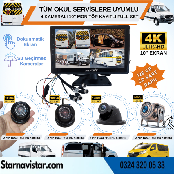 Kayıtlı 4 Kameralı 10 Inç Dokunmatik Ekranlı 128 Gb Sd Dahil Servis Okul Kamera Seti