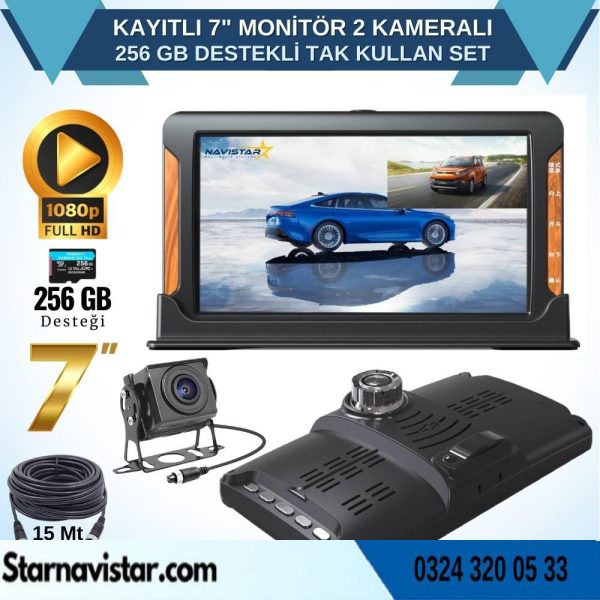 Kayıtlı 7 inç Monitör 2 Kameralı Dashcam 256 GB Destekli 15 Metre Kablolu Pratik Set