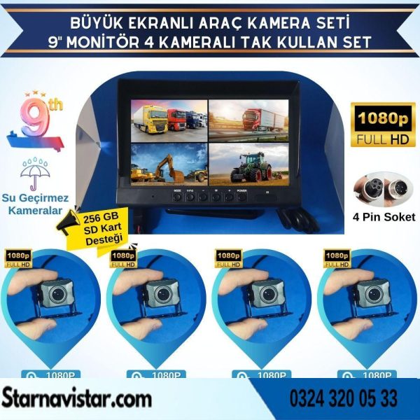 Kayıtlı 9" Monitörlü Ahd 1080P 4 Kameralı 256Gb Sd Destekli 4Pin Tak Kullan Kamera Seti
