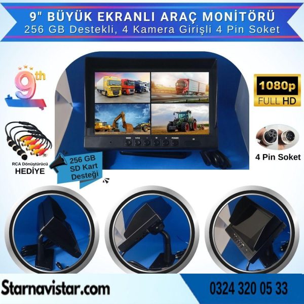 Kayıtlı 9" Monitörlü Ahd 720P/1080P Uyumlu 256Gb Sd Destekli 4Pin Kamera Destekli