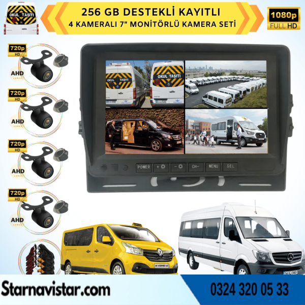 Kayıtlı Ahd Okul Servisler Için 4 Kameralı 7 Inç Monitörlü 720P Araç Kamera Seti