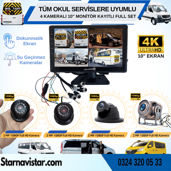Kayıtlı Servis Okul Kamera Seti 4 Kameralı 10 Inç Dokunmatik Ekranlı 256 Gb Sd Destekli Tak Kullan