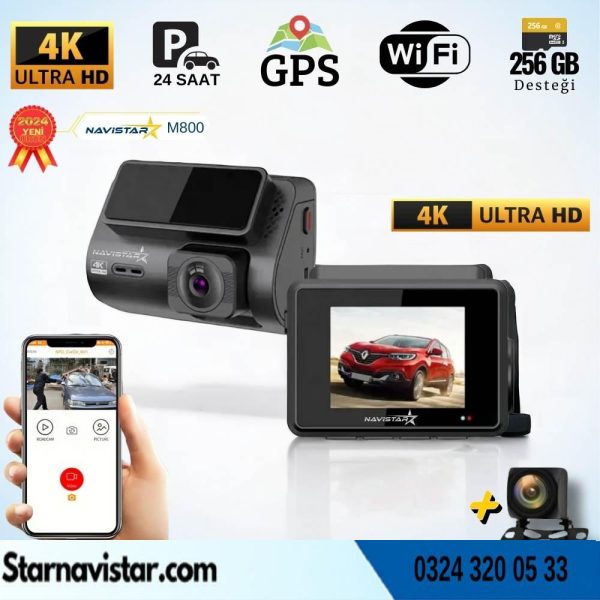 M800 Wifi + GPS 4K Çift Kameralı 170° Geniş Açı Lens Gece Görüşlü Akıllı Araç İçi Kamera + 1080P Arka Kamera