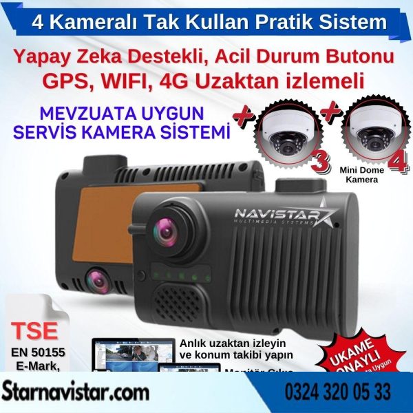 4 Kameralı 4G GPS Wifi Acil Durum butonu dahil Pratik Montaj Kamera Seti