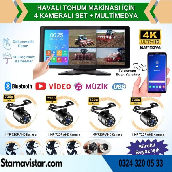 Mibzer için 10.36" Dokunmatik Ekranlı 4 Kameralı AHD 720P Beyaz Işık Kameralı Havalı Kamera Seti