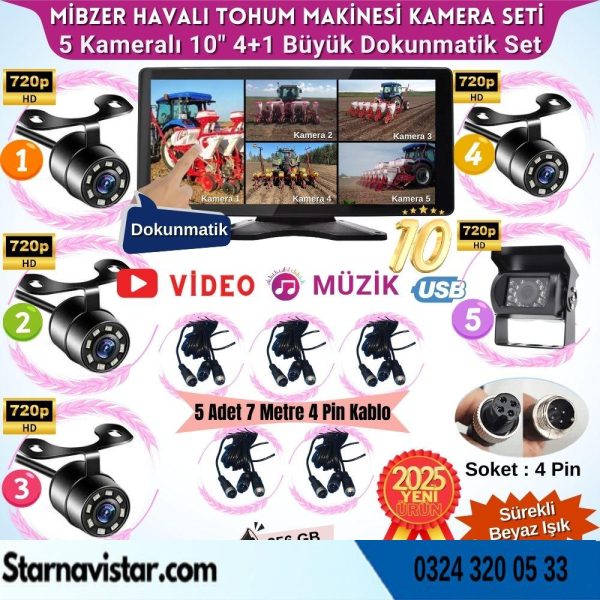 Mibzer için 4+1 Büyük Kameralı 10.36 inç Dokunmatik Monitör Beşe Bölen Kayıtlı 256 Gb Sd Kart Destekli