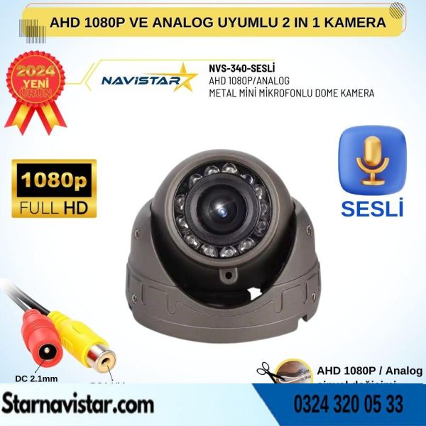 Mikrofonlu AHD 1080P ve Analog Pal Dönüşümlü Gece Görüşlü Mini Metal Dome Araç Kamerası