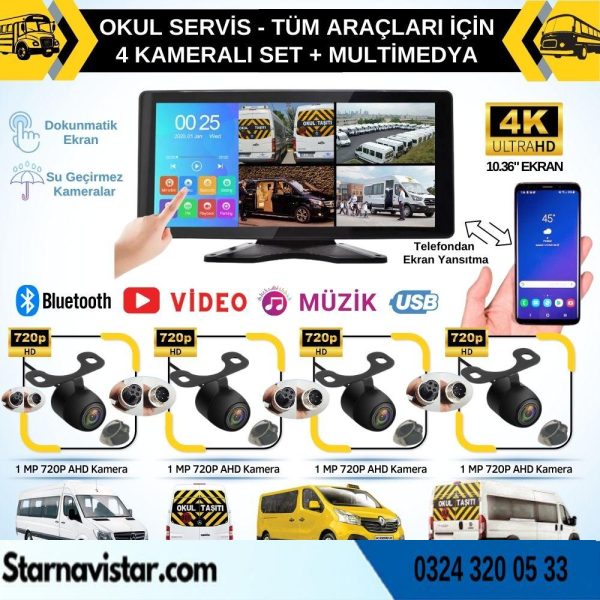 Okul Servisleri Için 10.36" Dokunmatik Ekranlı 4 Kameralı Kayıtlı Video Müzik Telefon Ekran Yansıtma Özellikli Tak Kullan Kamera Seti