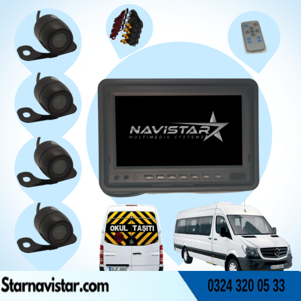 Okul Ve Servis Taşıtları Dört Kameralı AHD 720P 7" Ekranlı 4 Kamera Dahil Full Set