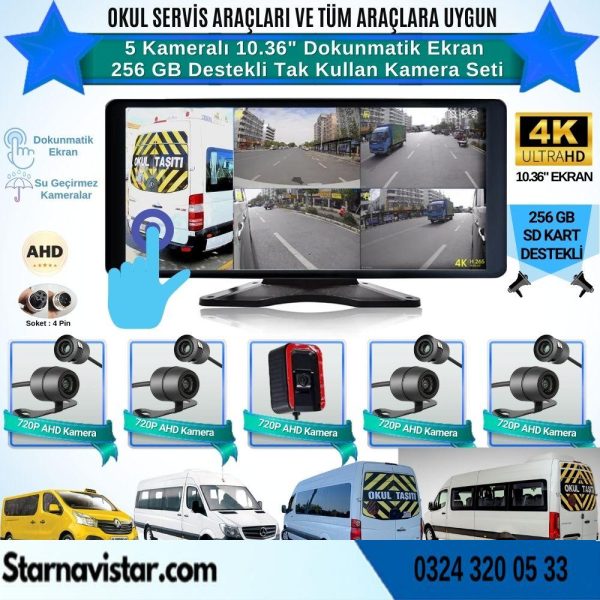 Servisler Için 5 Kameralı 10.36" Dokunmatik Kayıtlı Ekranlı 256 Gb Sd Kart Destekli Araç Kamera Seti