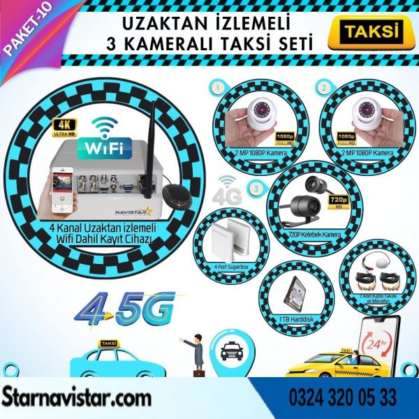 Taksi Kamera Seti 10 Uzaktan Izlemeli 3 Kameralı Wifi 4G 1 Tb Harddisk Dahil
