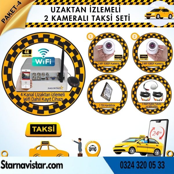 Taksi Kamera Seti 4 Uzaktan Izlemeli 2 Dome Kameralı Wifi 1 Tb Harddisk Dahil