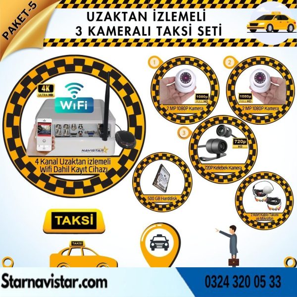 Taksi Kamera Seti 5 Uzaktan Izlemeli 3 Kameralı Wifi 500 Gb Harddisk Dahil