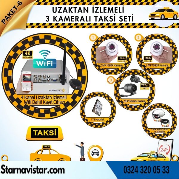 Taksi Kamera Seti 6 Uzaktan Izlemeli 3 Kameralı Wifi 1 Tb Harddisk Dahil