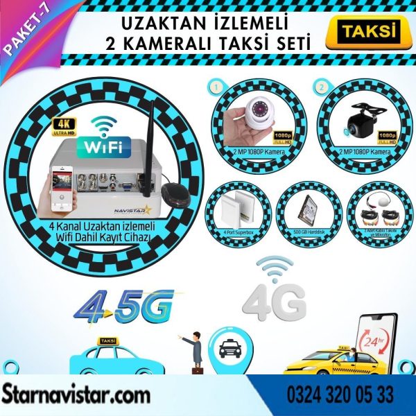 Taksi Kamera Seti 7 Uzaktan Izlemeli 2 Kameralı Wifi 4G 500 Gb Harddisk Dahil