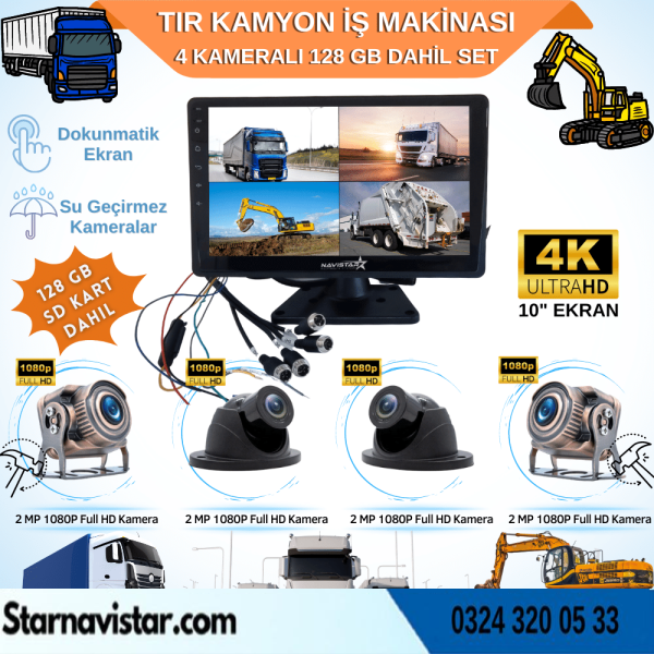Tır Kamyon 4 Kameralı 10 Inç Dokunmatik Ekranlı 128 Gb Sd Kart Dahil Tak Kullan Kamera Seti