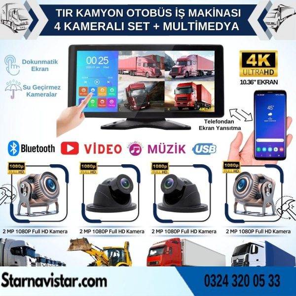 Tır Ve Kamyon 10.36" Dokunmatik Ekranlı 4 Kameralı Kayıtlı Video Müzik Telefon Ekran Yansıtma Özellikli Tak Kullan Kamera Seti