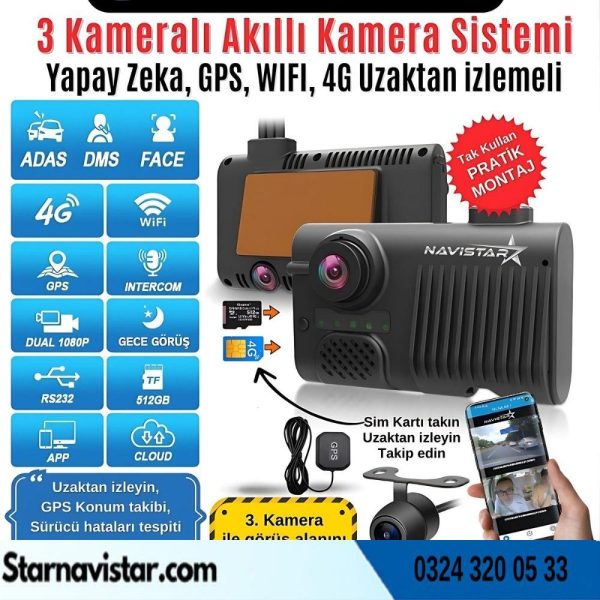 Uzaktan izlemeli 3 Kameralı Wifi GPS 4G Yapay Zeka destekli Akıllı Dashcam Taksi Kamera Sistemi